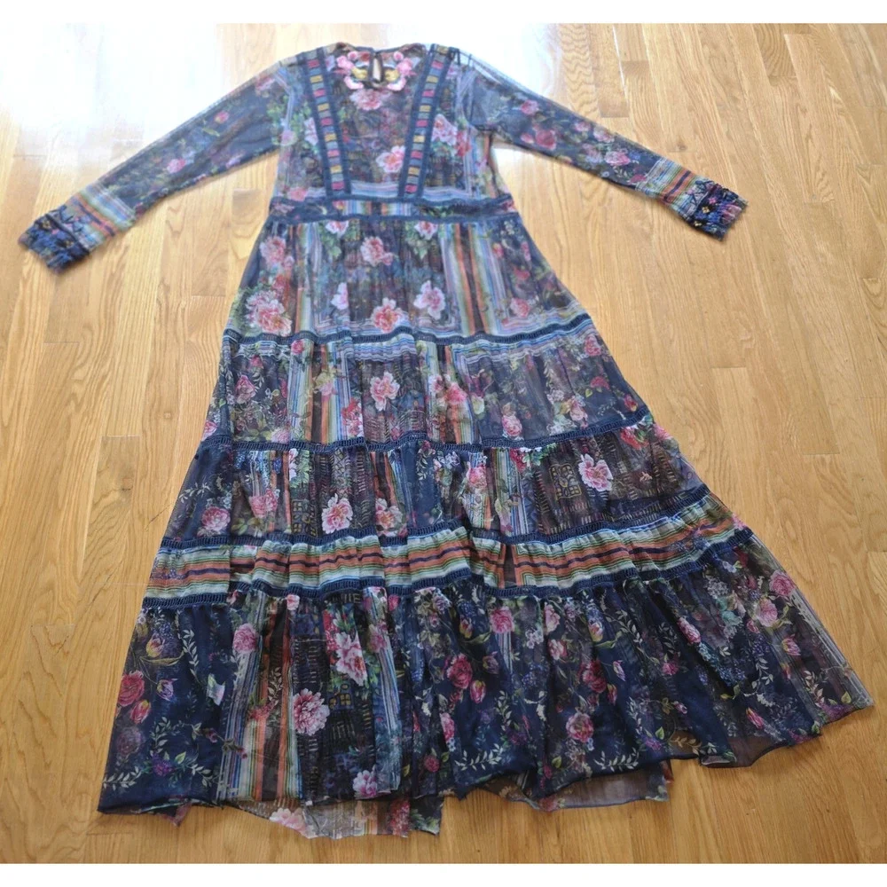 Biya Johnny Was Dayana Mesh Maxi Dress Embroidered Floral Patchwork Slip M Boho